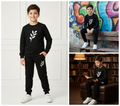 Kids Printed Stylish Black & Black Tracksuit Set | Winter Fleece Sweatshirt & Trouser Outfit for Boys & Girls �Warm & Trendy small