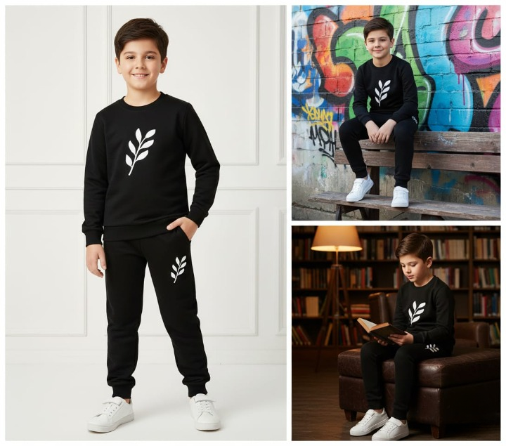 Kids Printed Stylish Black & Black Tracksuit Set | Winter Fleece Sweatshirt & Trouser Outfit for Boys & Girls �Warm & Trendy small