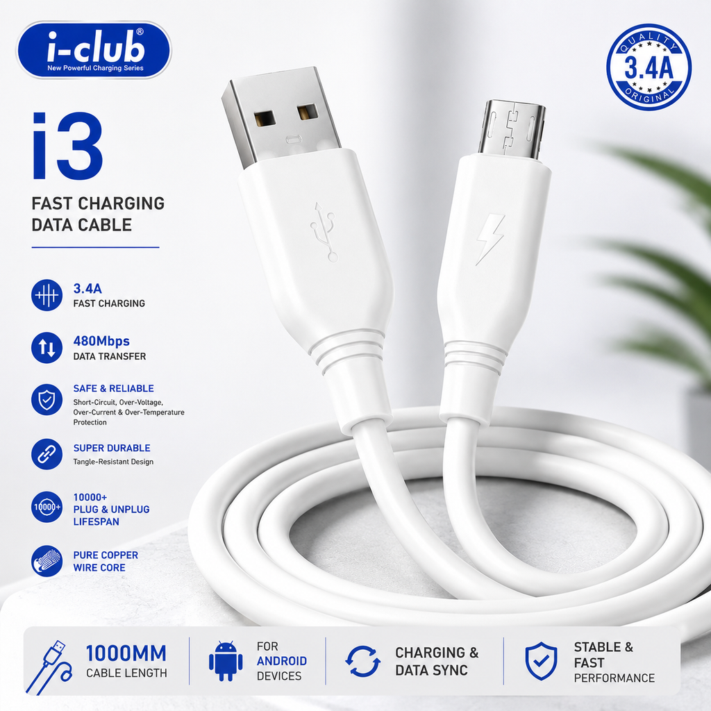 i-Club i3 3.4A Fast Charging Micro USB Cable | 1 Meter | 480Mbps Data Sync | Android Charging Cable