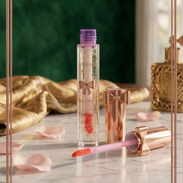 Luxury Pink Glossy Lip Oil With Gold Flakes High Shine Moisturizing Formula