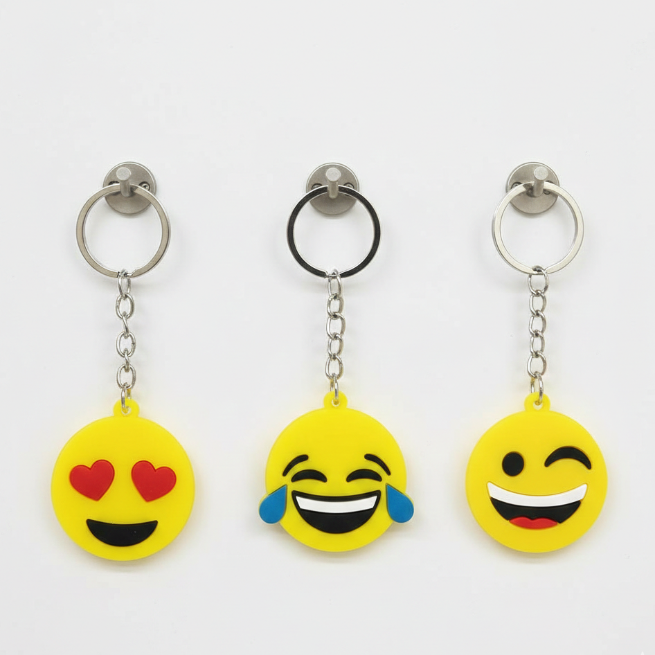Pack of 3 Assorted Round Emoji Reaction Keychains �Plastic Smiley Face Charms (Random Designs)