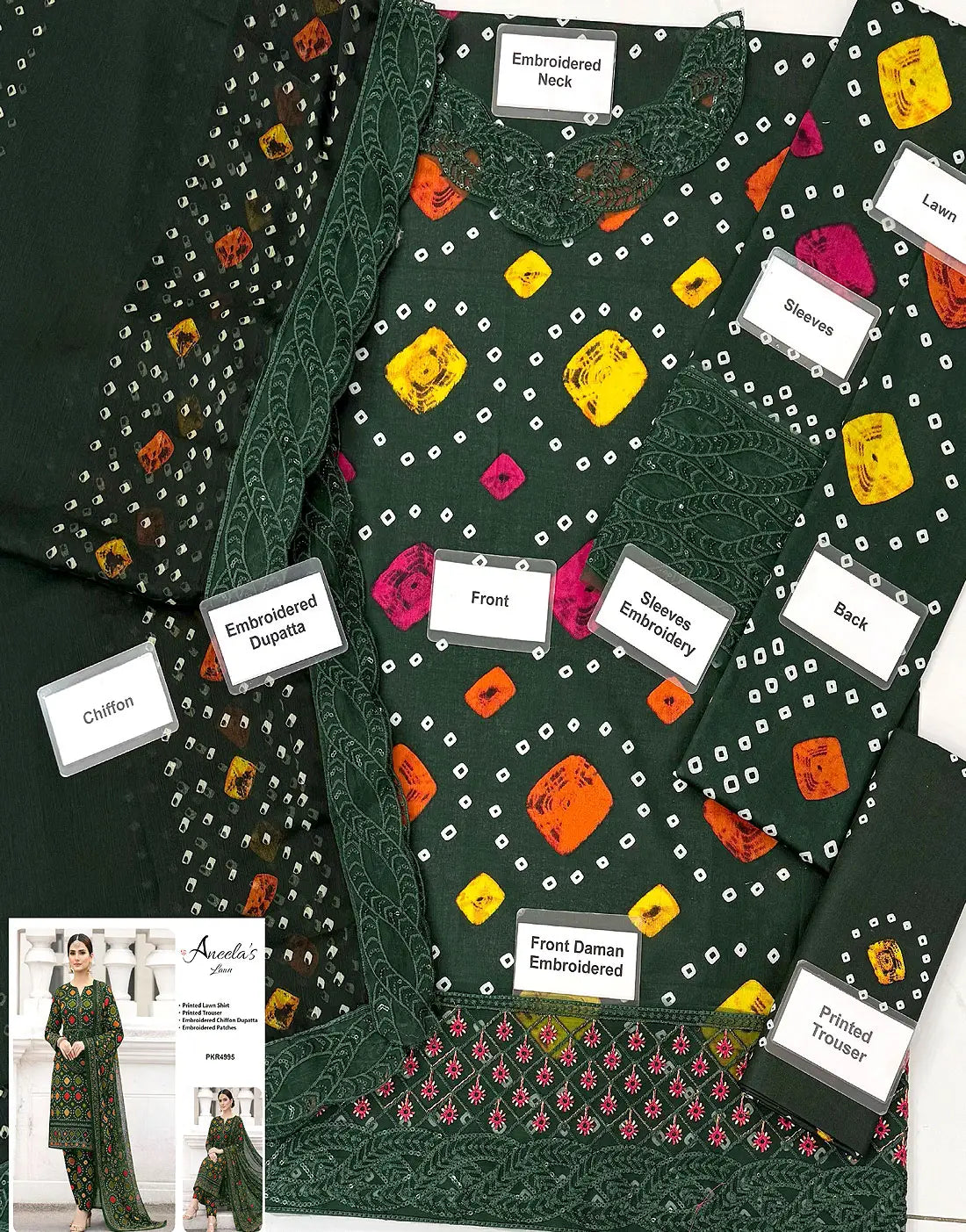 Trendy All-Over Digital Chunri Print Embroidered Lawn Dress �Unstitched 3PC Summer Collection