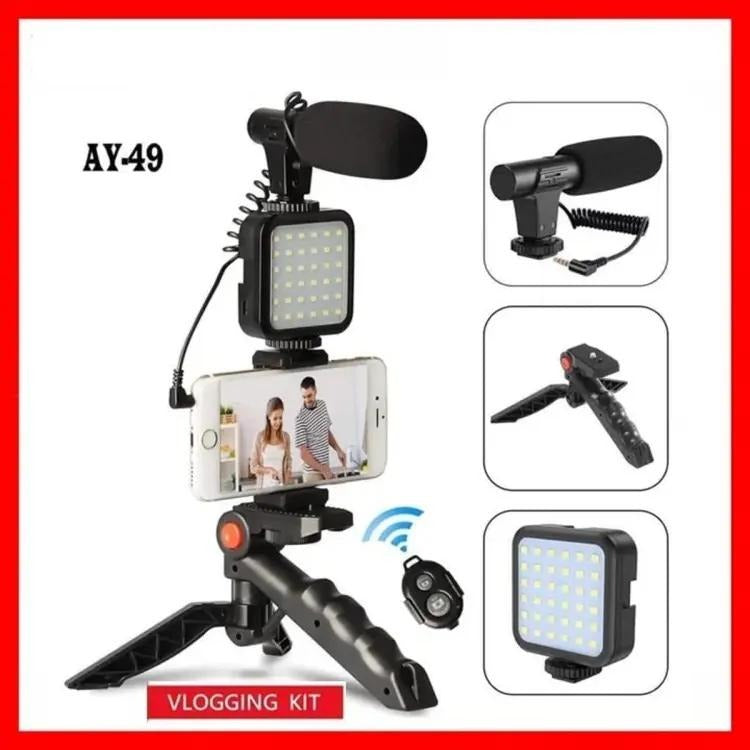 AY-49 Vlogger Kit | Microphone, LED Fill Light, Mini Tripod & Mobile Holder with Remote �Complete Video Making Set for Vlogging With Bluetooth Remote