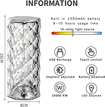 16 Colors Diamond Rose Crystal Lamp Bedside Acrylic Usb Rechargeable Table Lamp