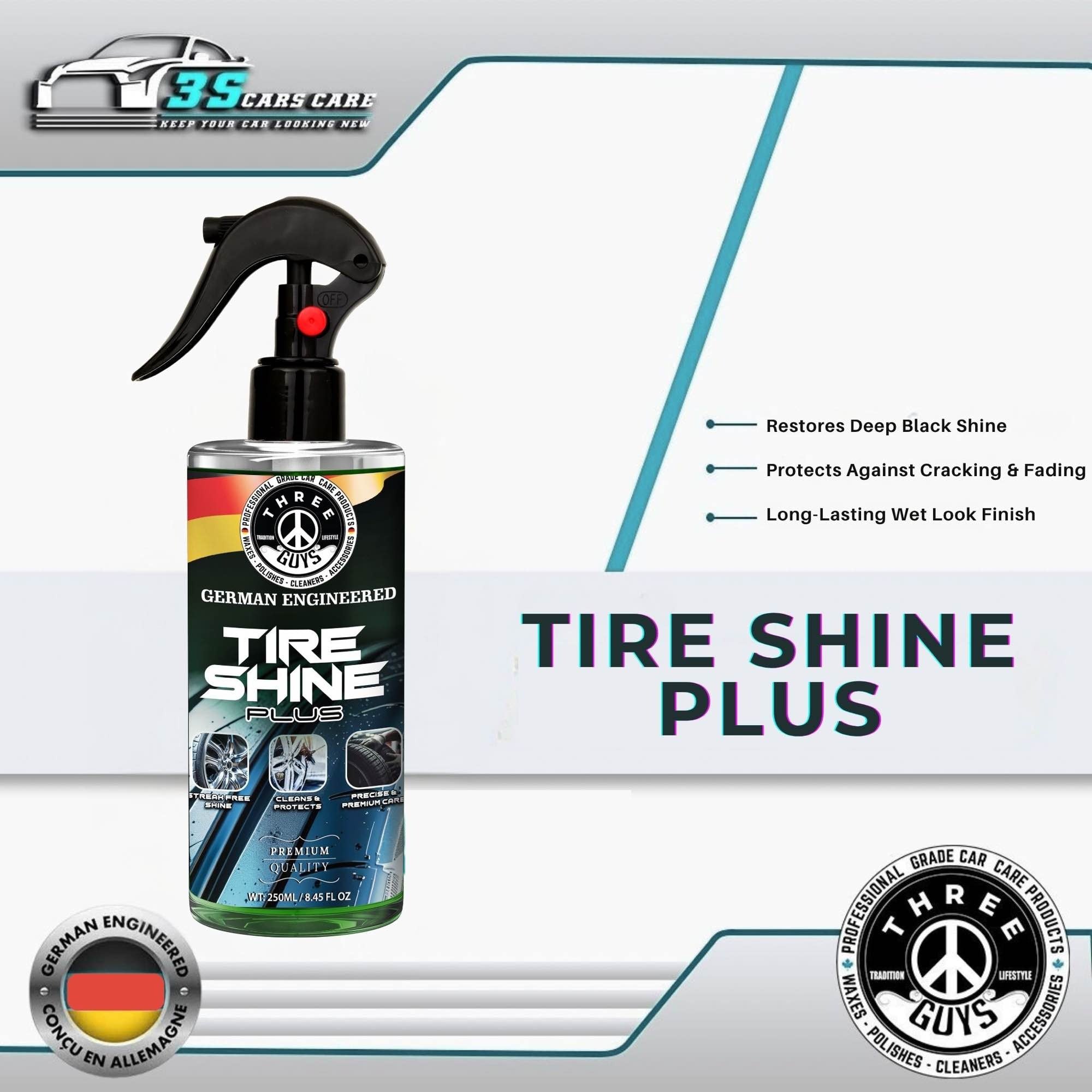 Three Guys Tire Shine Plus 250ml �Streak-Free Shine Cleans And Protects Long-Lasting Wet Look Premium Tire Care Spray