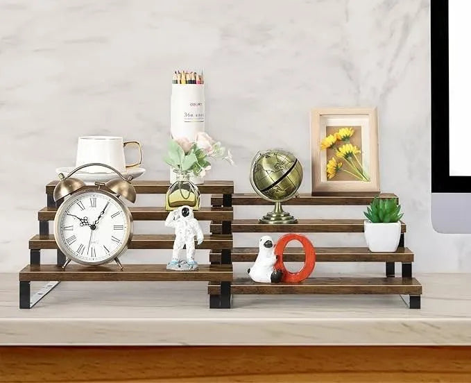 4-Layer Wooden Spice Rack Brown Black Metal Support