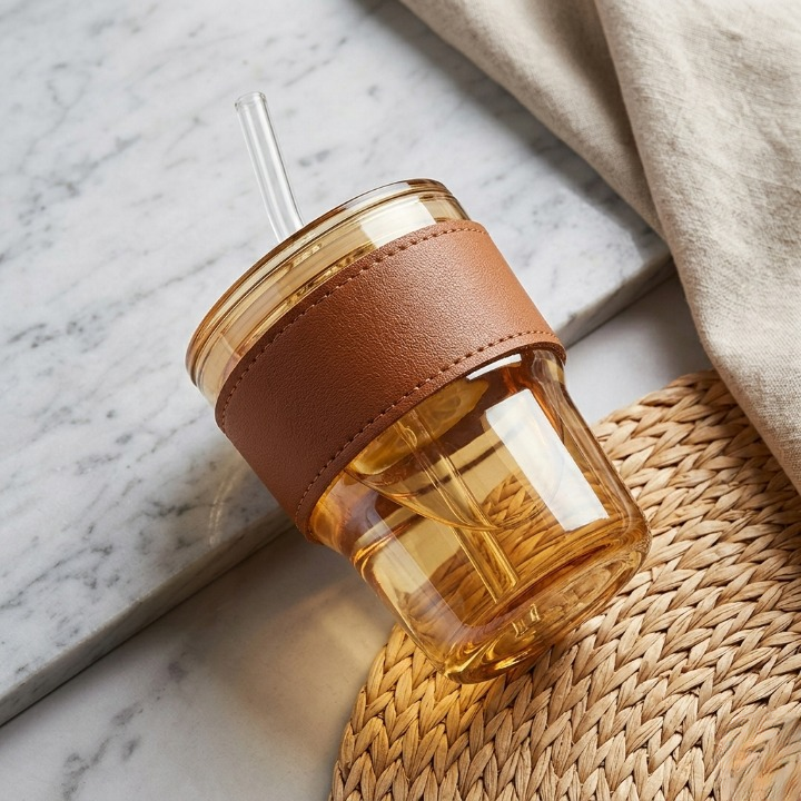 Premium Amber Glass Coffee Tumbler �Travel Mug with Leather Heat Sleeve, Glass Straw (400ml)