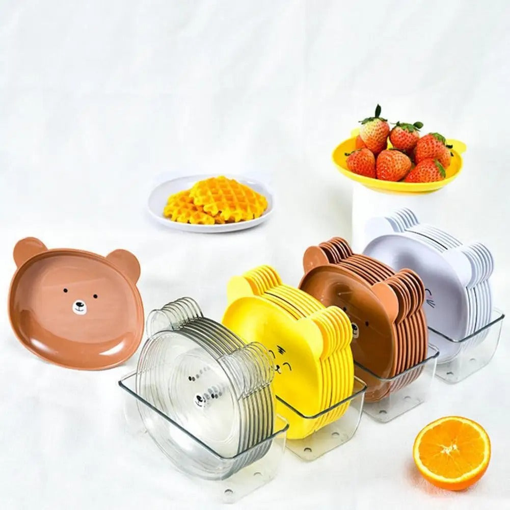8Pcs Bear Shape Plate Set | Creative Food-Grade Plastic Plates With Stand | Random Colour