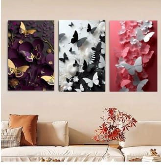 Butterfly Wall Art Set �3 Wooden Frames (8x11� with Elegant Floral & Nature Designs | Easy Wall Mounting with Double Tape