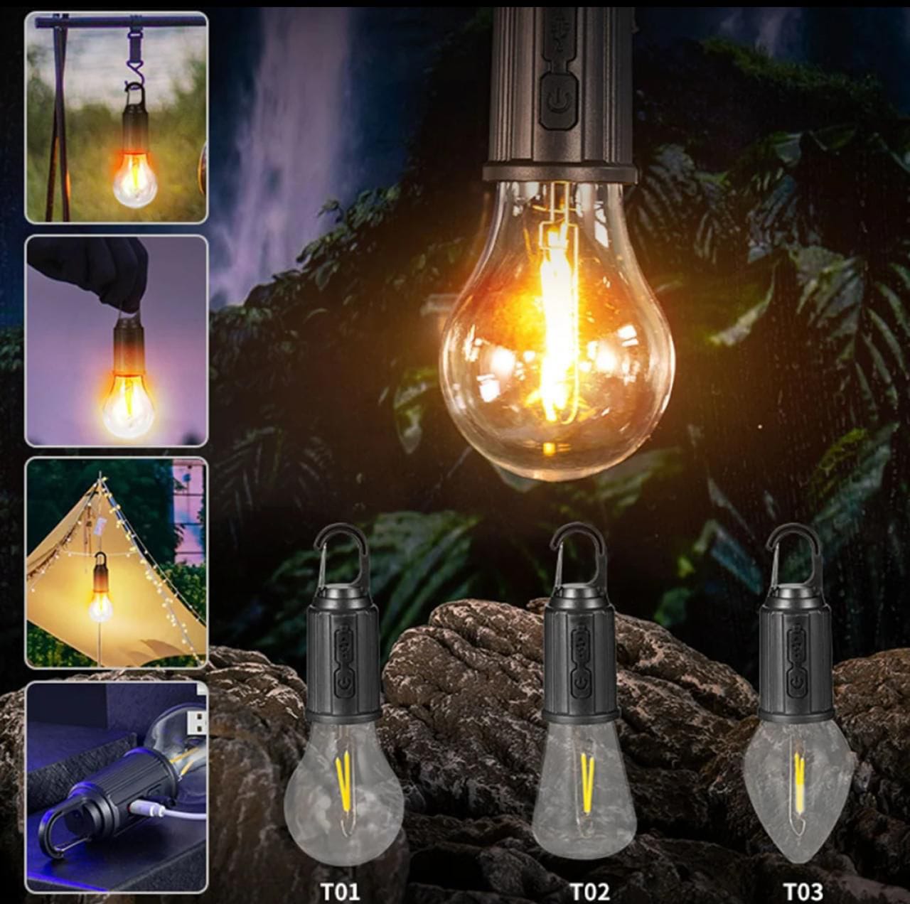 T01 Rechargeable Camping Bulb �3-Gear Vintage LED Emergency Lamp with Carabiner Hook & Type-C Charging