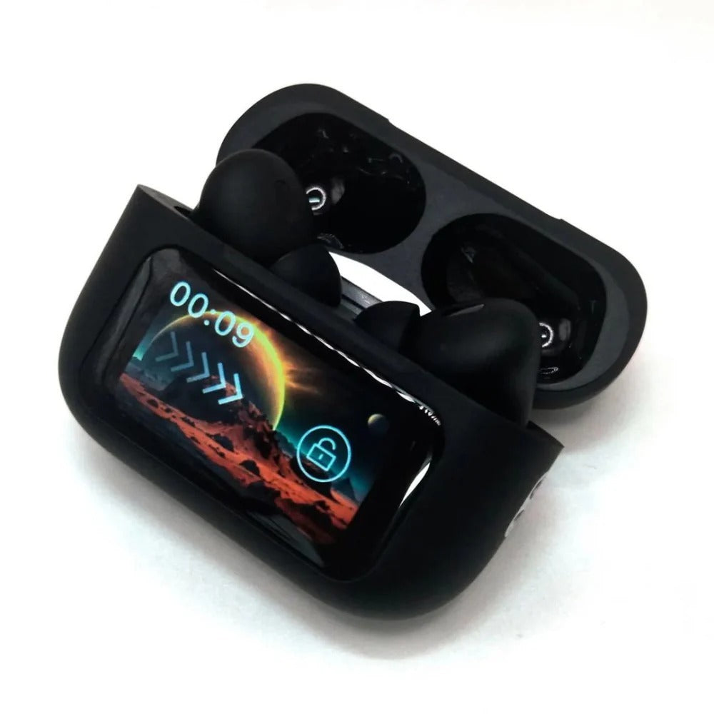 A9 Pro Earbuds With Anc Technology Sleek Matte Black Design Led Indicator Built In Screen And Clear Sound Quality - Black