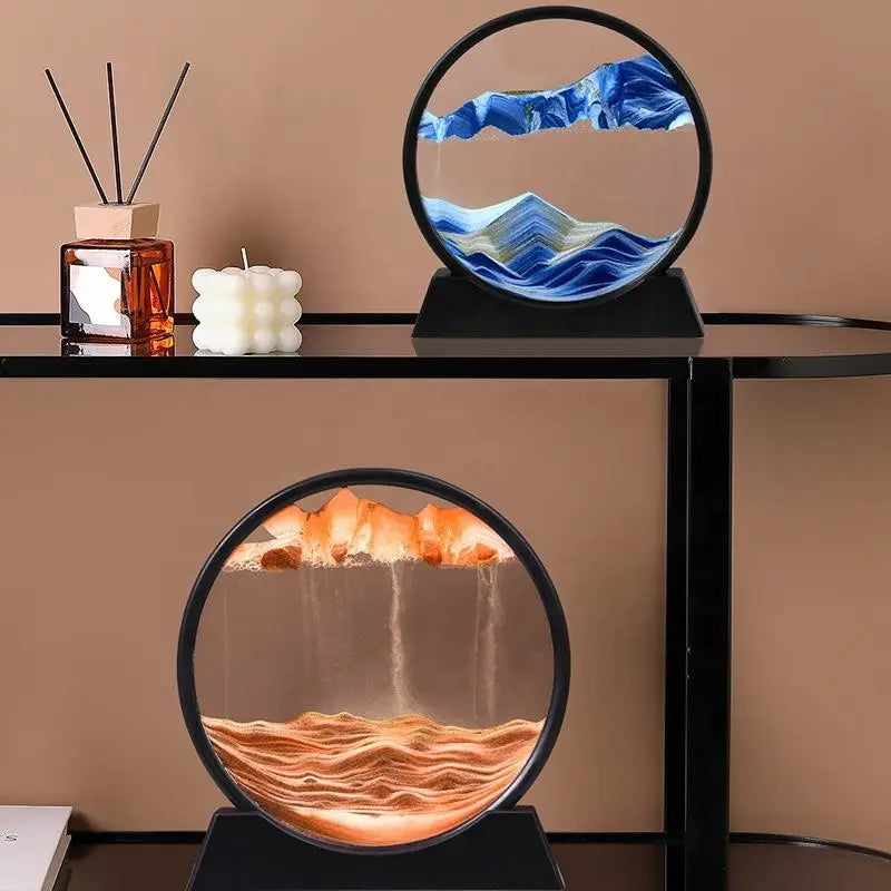 3D Moving Sand Art Picture – Round Dynamic Sandscape Frame – Flowing Sand Glass Desktop Decoration & Home Office Decor