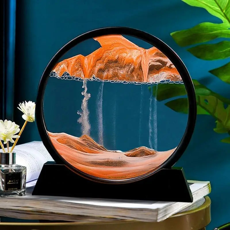 3D Moving Sand Art Picture – Round Dynamic Sandscape Frame – Flowing Sand Glass Desktop Decoration & Home Office Decor