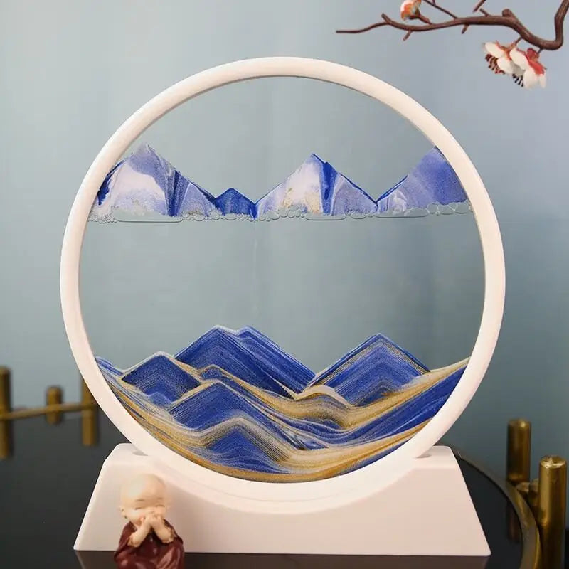 3D Moving Sand Art Picture – Round Dynamic Sandscape Frame – Flowing Sand Glass Desktop Decoration & Home Office Decor