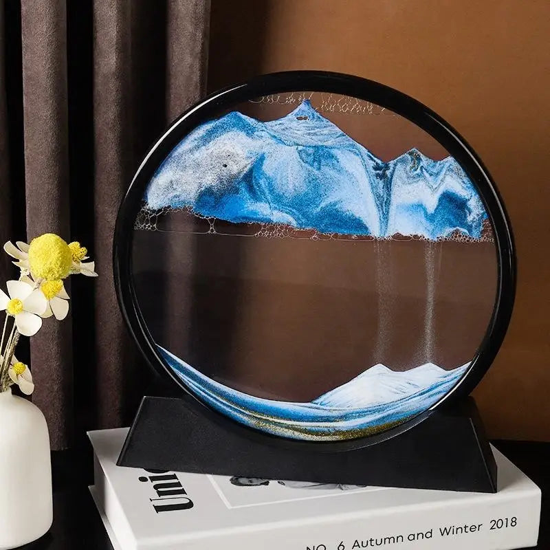 3D Moving Sand Art Picture – Round Dynamic Sandscape Frame – Flowing Sand Glass Desktop Decoration & Home Office Decor