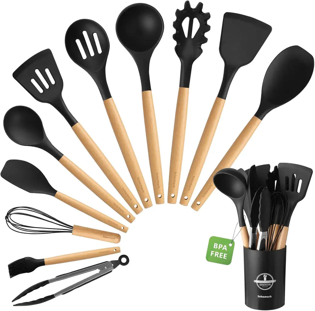 12 Pcs Silicone Kitchen Utensil Set with Wooden Handles – Non Stick Cooking Tools Set with Holder for Kitchen