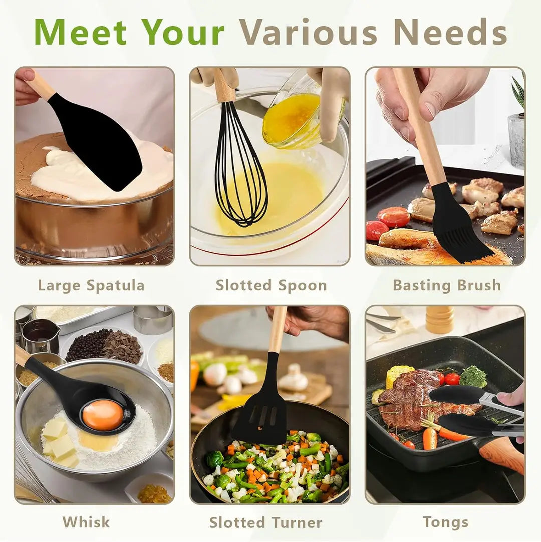 12 Pcs Silicone Kitchen Utensil Set with Wooden Handles – Non Stick Cooking Tools Set with Holder for Kitchen