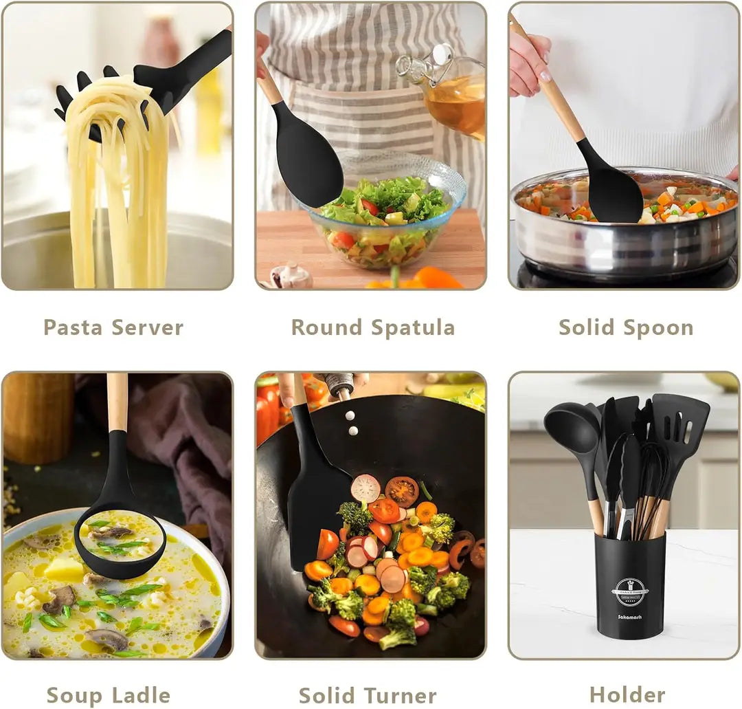 12 Pcs Silicone Kitchen Utensil Set with Wooden Handles – Non Stick Cooking Tools Set with Holder for Kitchen