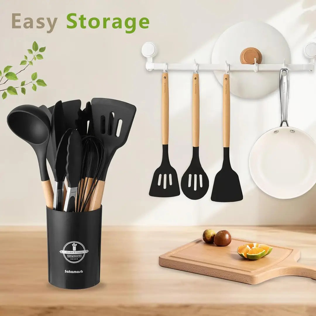 12 Pcs Silicone Kitchen Utensil Set with Wooden Handles – Non Stick Cooking Tools Set with Holder for Kitchen