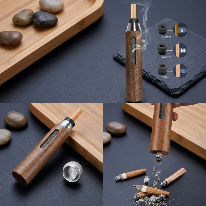 Premium Handheld Ashless Cigarette Holder �Portable Wooden Anti-Ash Car & Desktop Smoking Sleeve Protective Cover