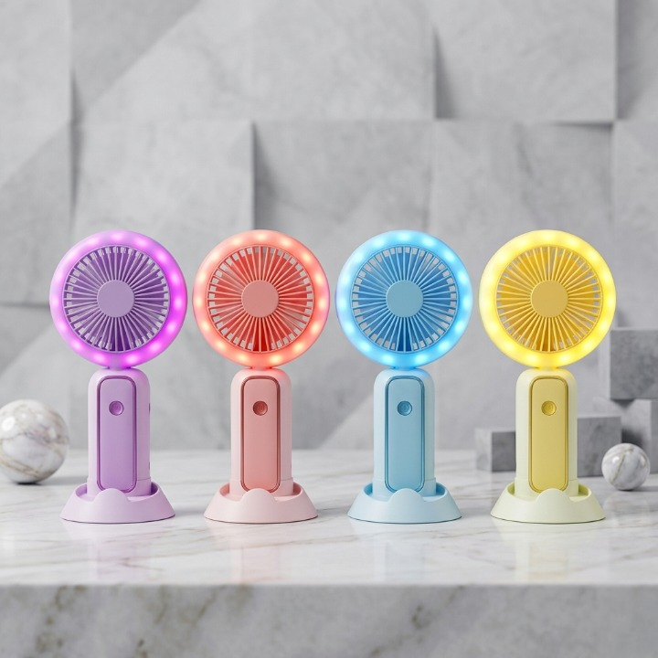Mini Portable Hand Fan With Led Light Rechargeable Compact Design For Indoor Outdoor Cooling And Lighting