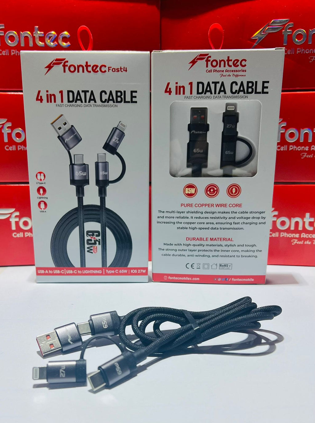 Fontec Fast4 4-in-1 Data Cable - 65W High-Speed Charging & Data Transmission Braided Cable