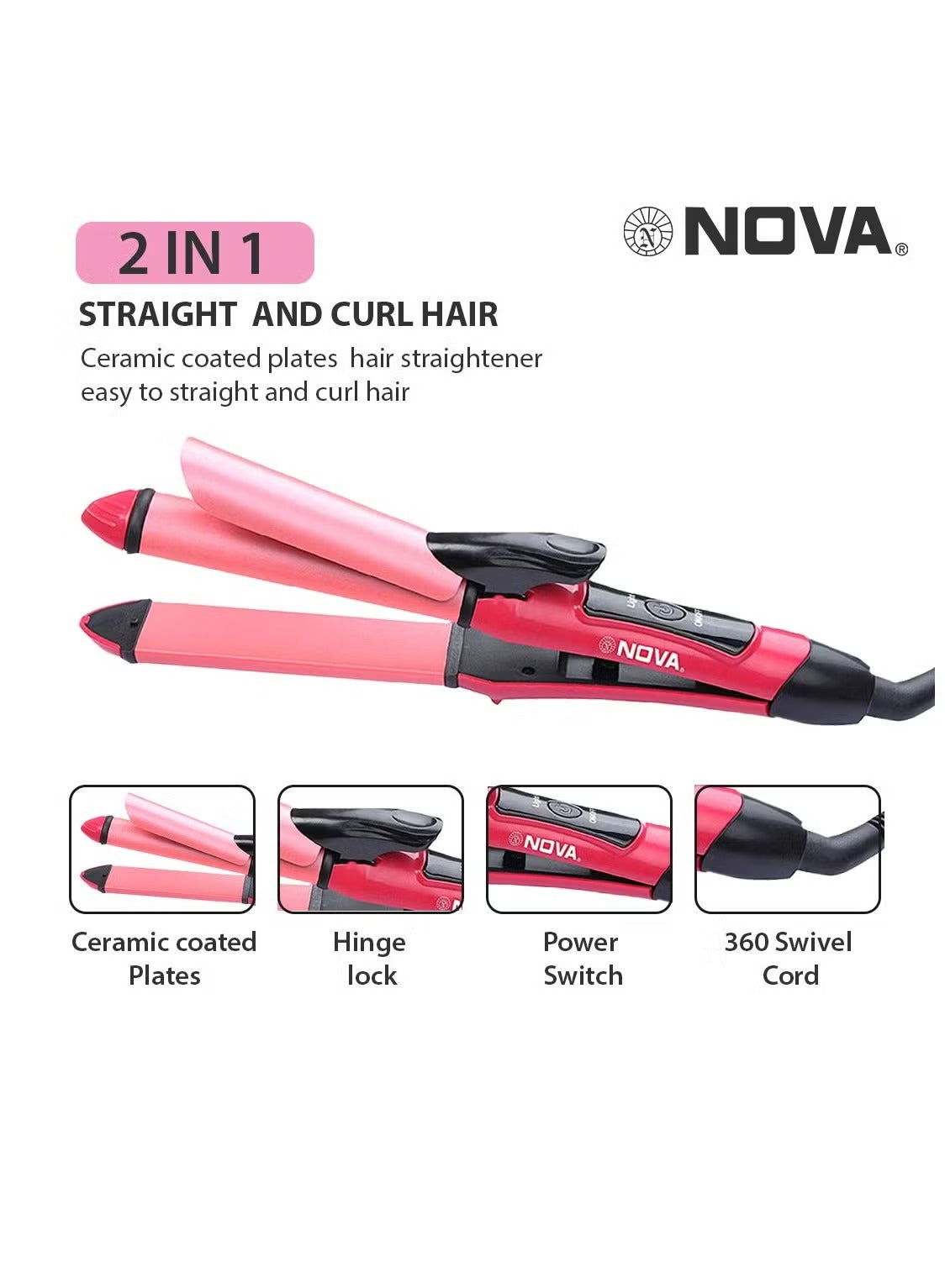Nova 2-in-1 Hair Straightener & Curler | Model NHC-2009 | Professional Styling Tool
