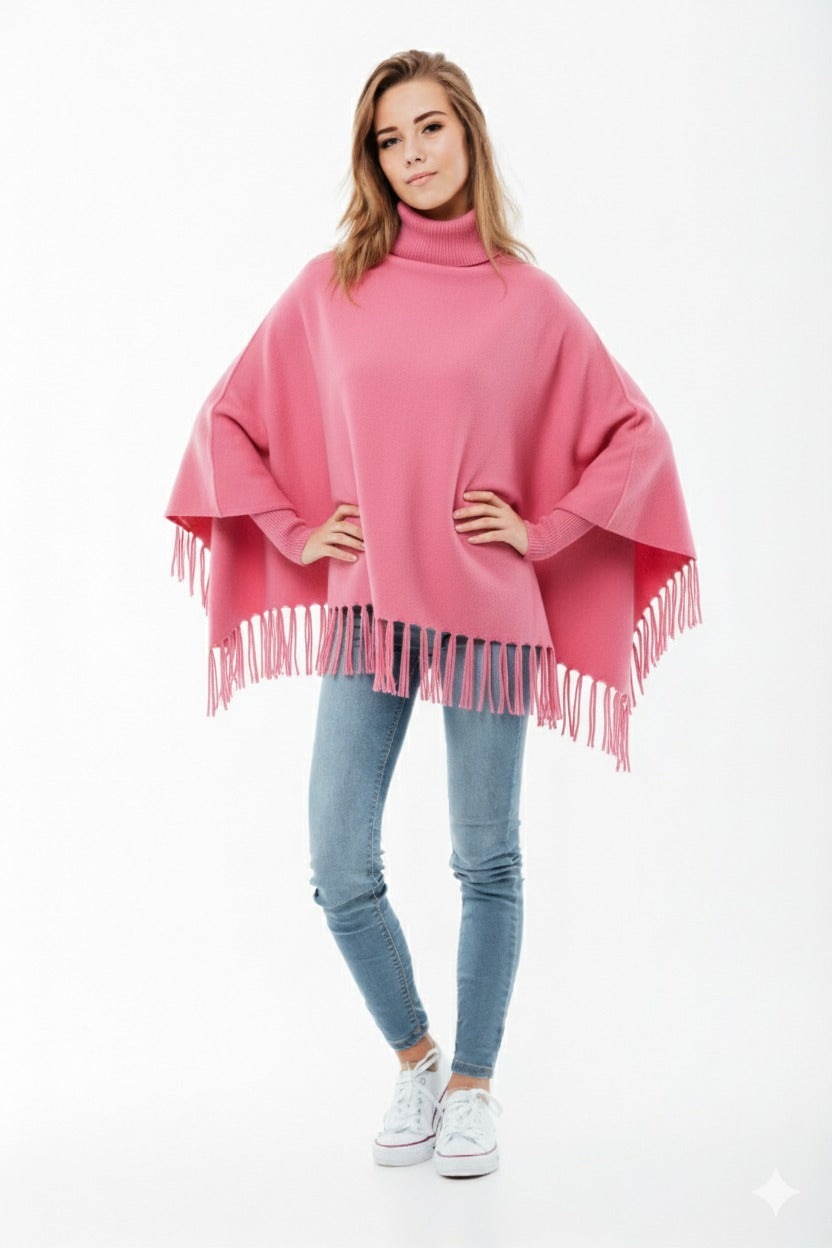 Winter Fleece Poncho with High Neck, Tassel Design & Adjustable Short Sleeves �For Girls/Princess Free Sizes