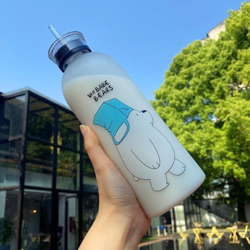 We Bare Bears Panda Water Bottle 1000ml �Cute Cartoon Design with Straw & Two Caps | Durable Reusable Bottle for Daily Hydration - Plastic (Random Design)