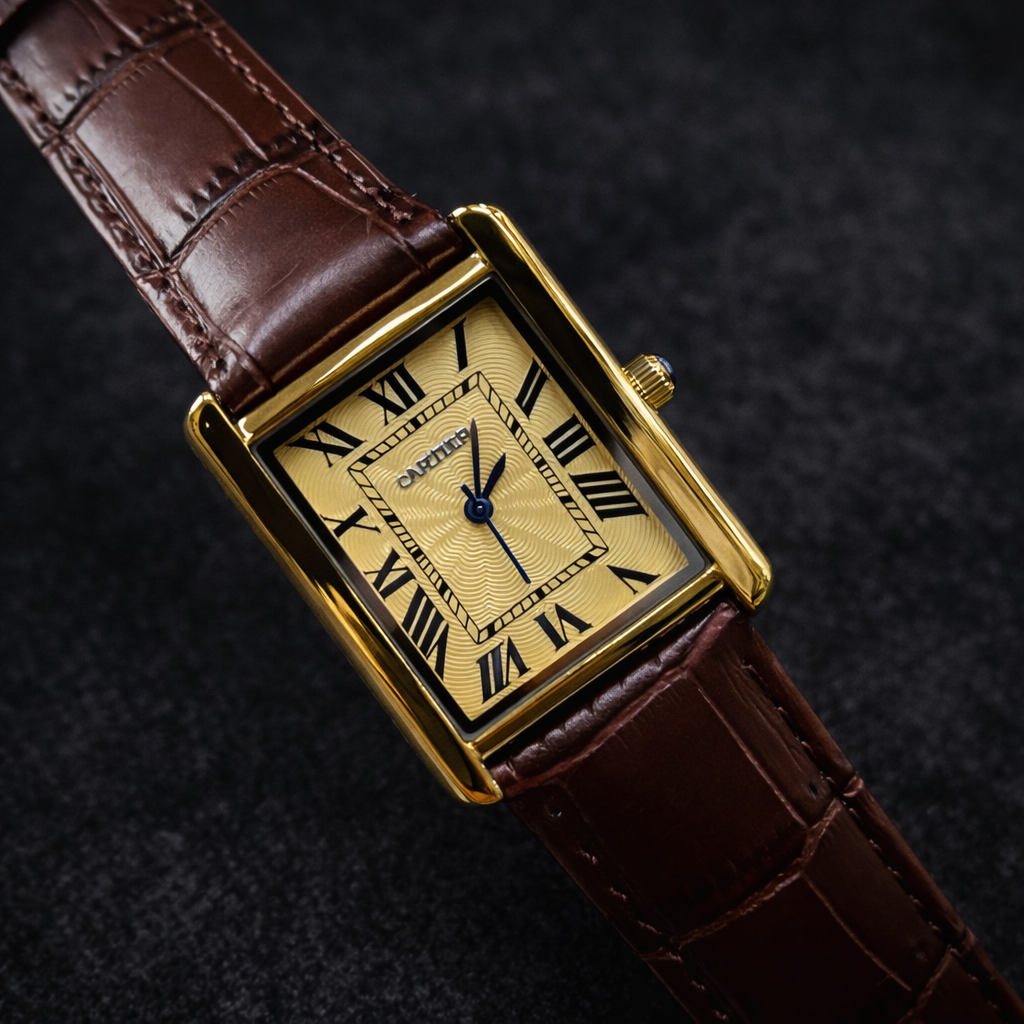 Cartier Style Rectangular Analog Watch for Men �Brown Leather Strap | Quartz Wrist Watch - Golden Silver