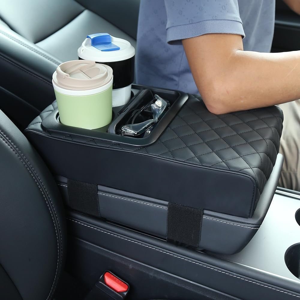 Car Armrest Cushion with Cup Holder & Storage Box �PU Leather Center Console Organizer Cover | Universal Fit