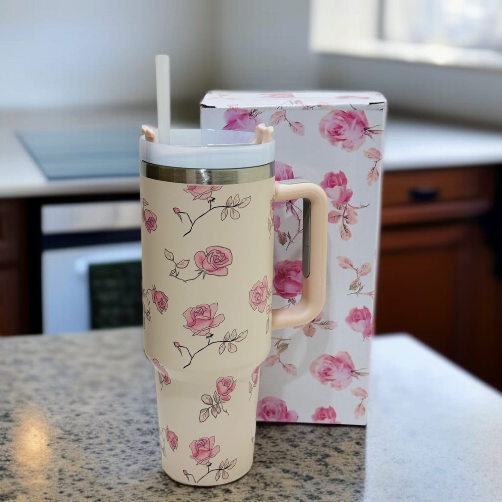 Floral Insulated Travel Tumbler with Ergonomic Handle and Leak-Resistant Lid �40oz Double-Wall Vacuum Flask ( Random Color )