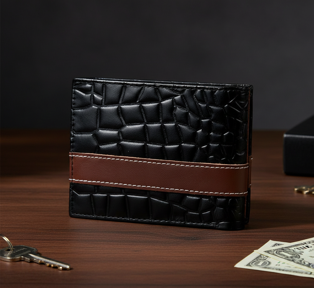 Men? Croc-Texture Cow Leather Wallet �Black with Maroon Strip | Stylish Bifold Slim Wallet