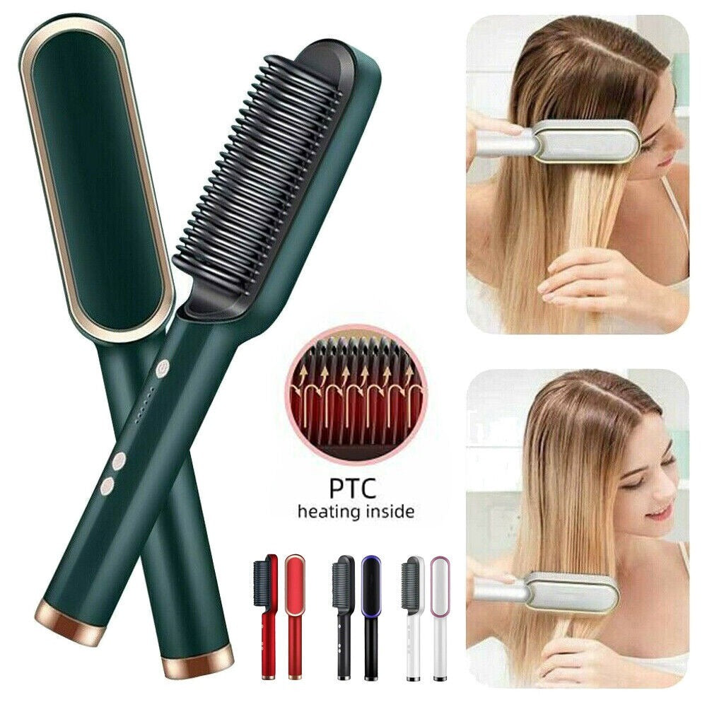 909 Hair Straightening Brush | Electric 2-in-1 Straightener & Curler | Heating Styling Comb | Quick 3-Minute Styling