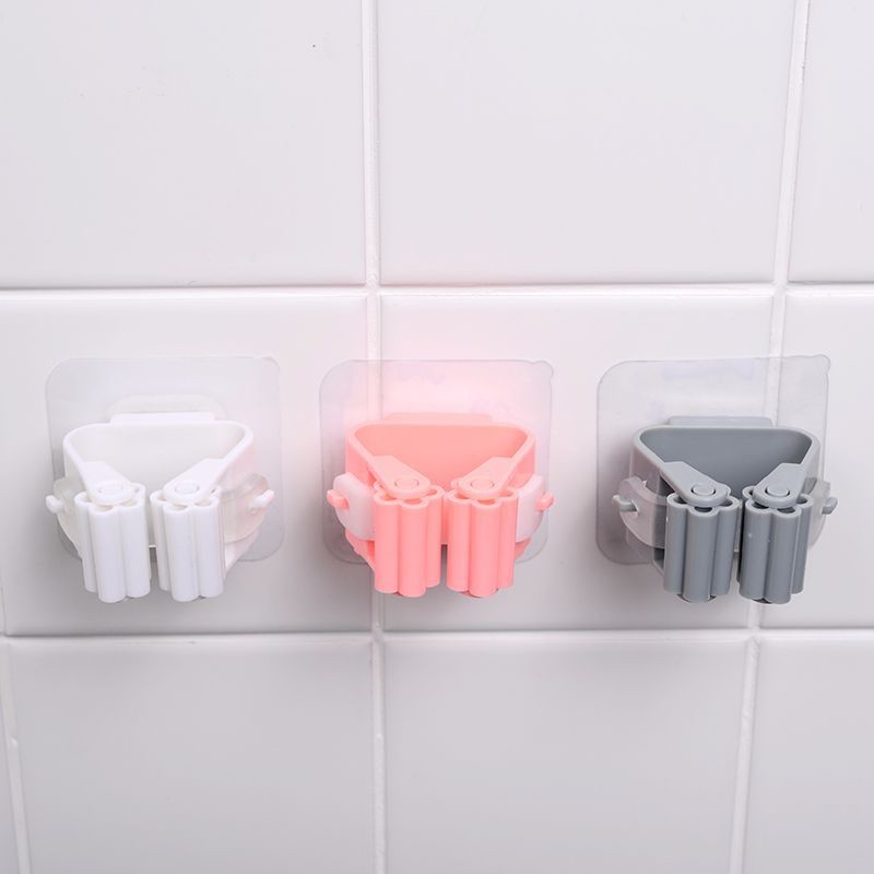 Pack of 3 Mop and Broom Self Adhesive Holder Wall Mount Magic Hanger Organizer Cleaning Tools Storage Mop Rack (Random Color)