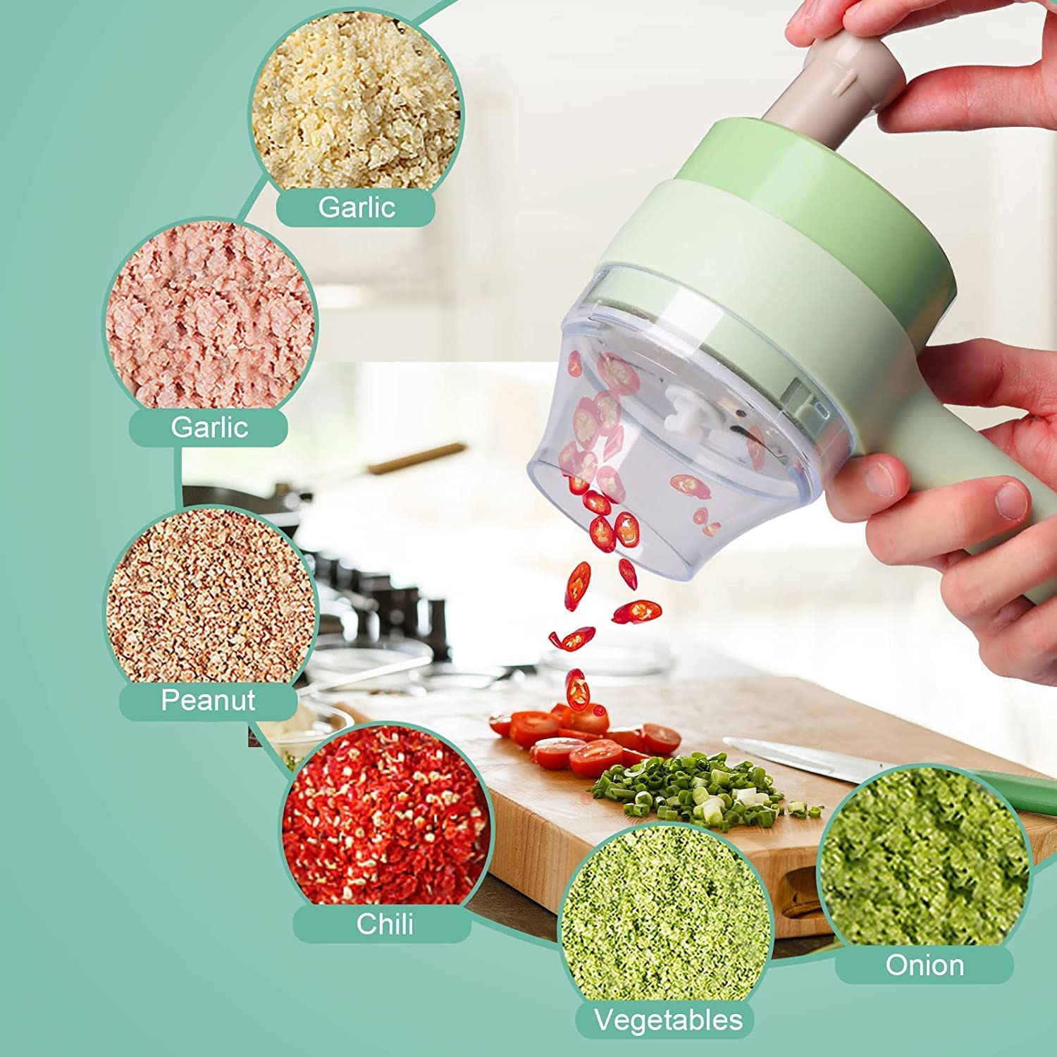 5 in 1 Handheld Hammer Electric Vegetable Cutter Set Mini Wireless Food Choppers Garlic Vegetable Chopper Slicer machine ( Random Color )
