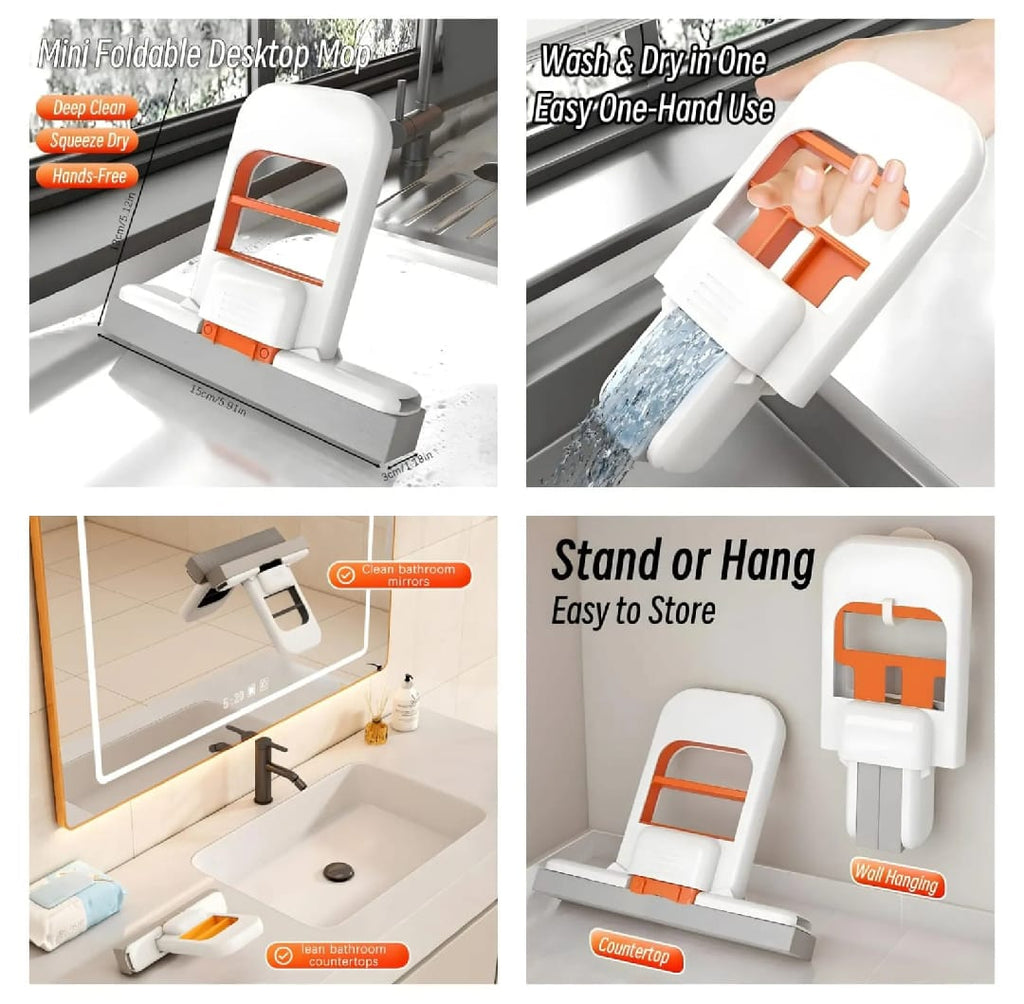 Foldable Mini Mop | Portable Desktop Wet & Dry Cleaning Mop | Self-Squeezing