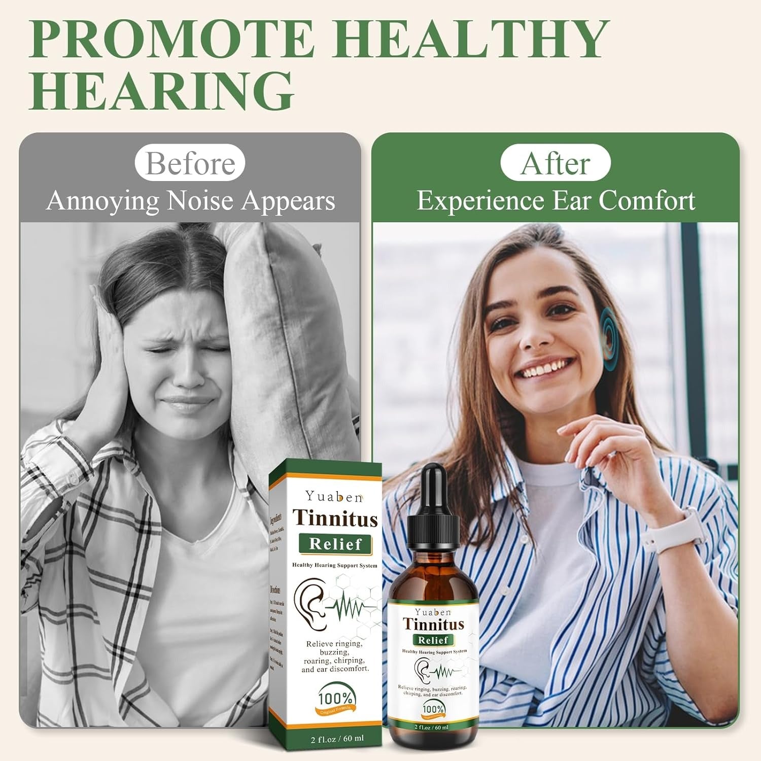 Yuaben Tinnitus Relief Drops | Healthy Hearing Support System | Natural Ear Care for Ringing and Buzzing | 60ml