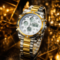 SKMEI 1389 Men? Digital Analog Business Watch �Two-Tone Gold & Silver Stainless Steel Chronograph with Matte White Dial - without box