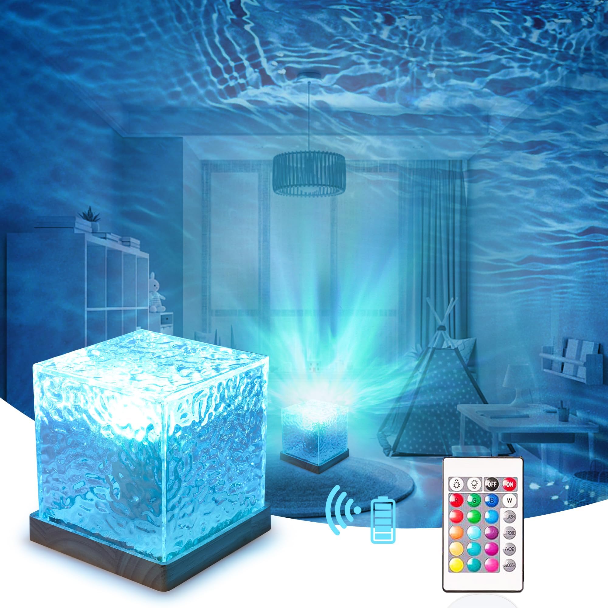 Dynamic Rotating Water Ripple Night Light milti Colors Flame Crystal Lamp for Living Room, Study, Bedroom/Galaxy Projector Light for Bedroom - Ocean Wave LED Night Light
