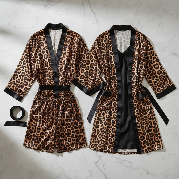 Couple Leopard Print & Black Satin Sleepwear
