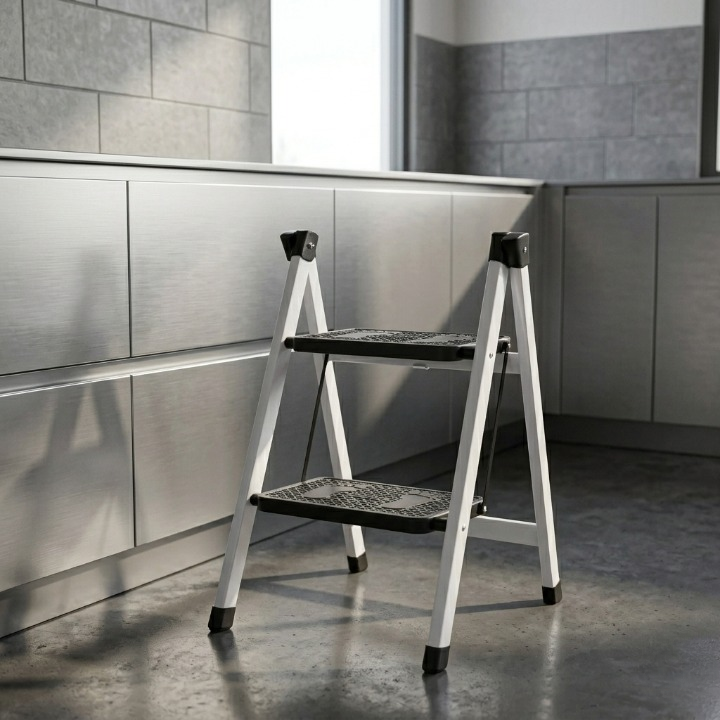 2-Step Folding Metal Stool Ladder | Compact Safety Step Ladder With Anti-Slip Treads | Frame Metal & Step Plastic - Random Colour