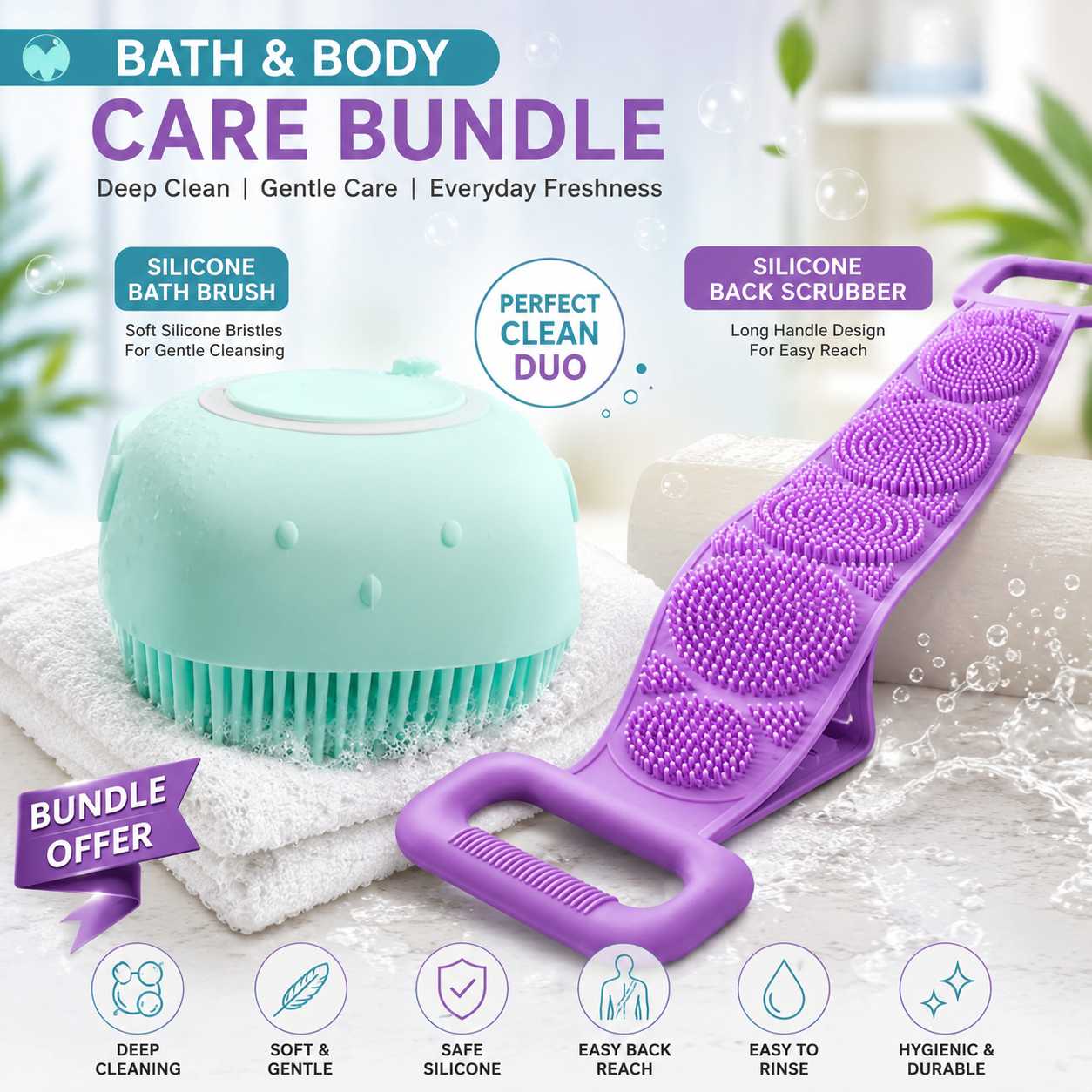 Silicone Bath Brush And Silicone Back Scrubber Care Bundle For Deep Cleansing And Gentle Body Care (Random Color)