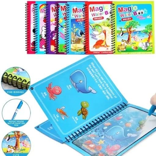 Magic Water Coloring Book For Toddlers Reusable Water Painting Book With 1 Pen Educational Travel Toy | 8 pages (Random Design)