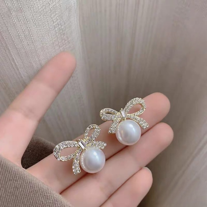 Bow Knot Pearl Earrings with Zircon �Korean Style (PJX-113)