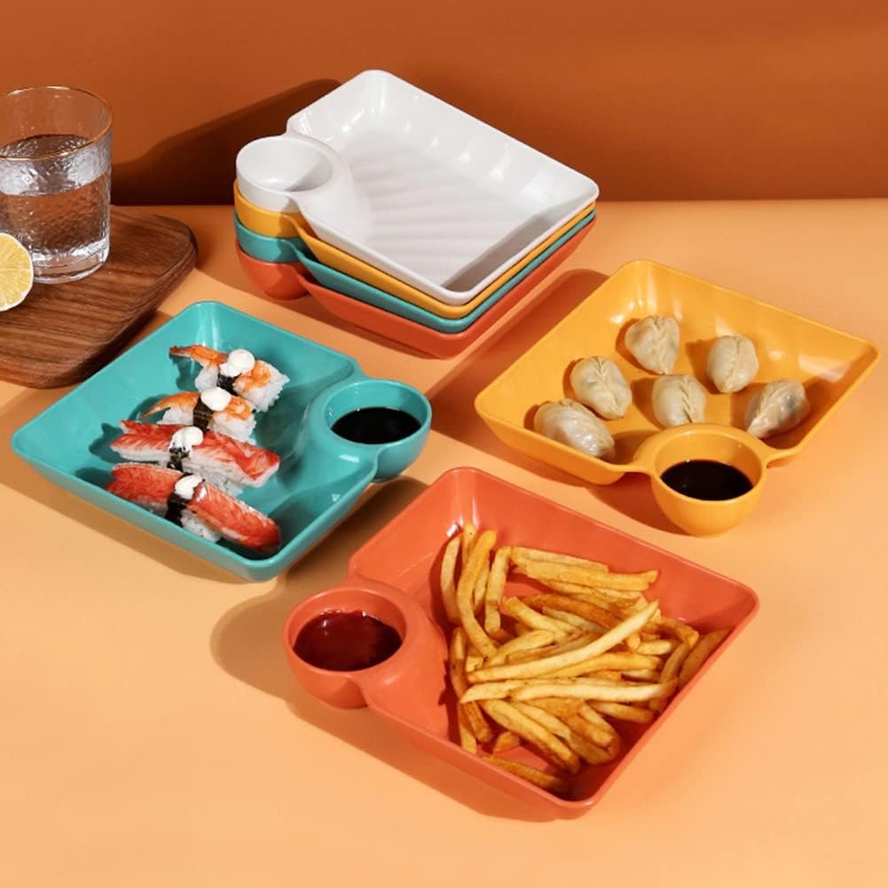 4 Pcs Snack Plate Set | Clear Plastic Dinner Plates, Condiment Containers & Serving Trays | Random Colour
