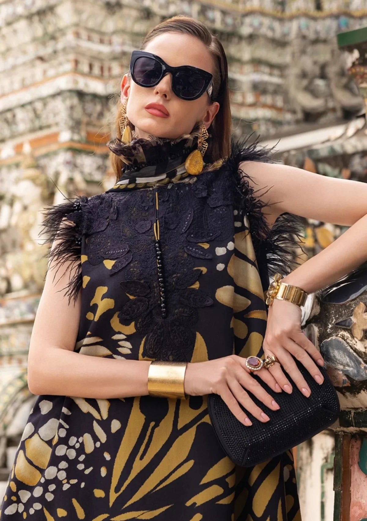 Maria B Printed Embroidered Lawn 3PC Unstitched Suit with Chiffon Dupatta �Black & Mustard