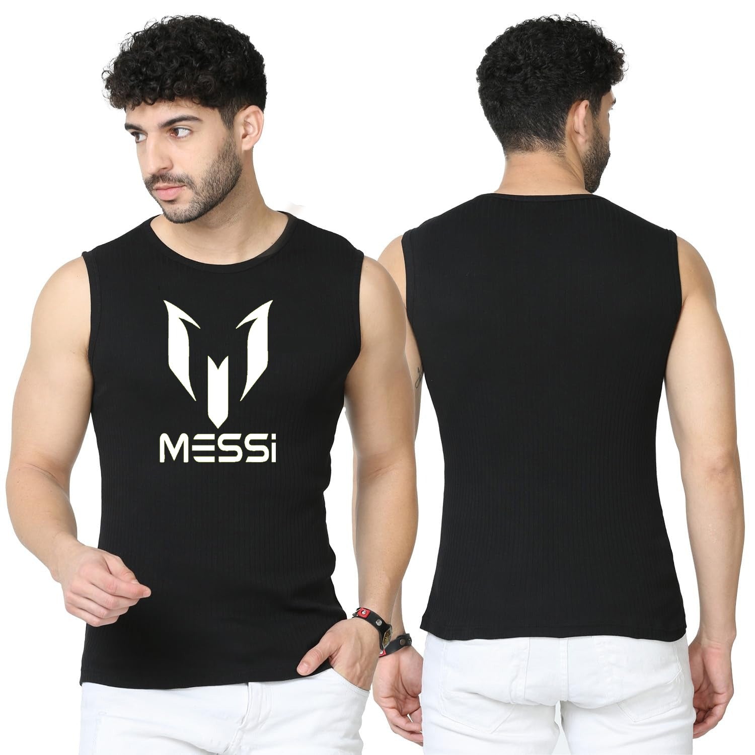 Messi Logo Sando Tank Top for Men Workout [Black] | Tank top gym sando for MEN - M