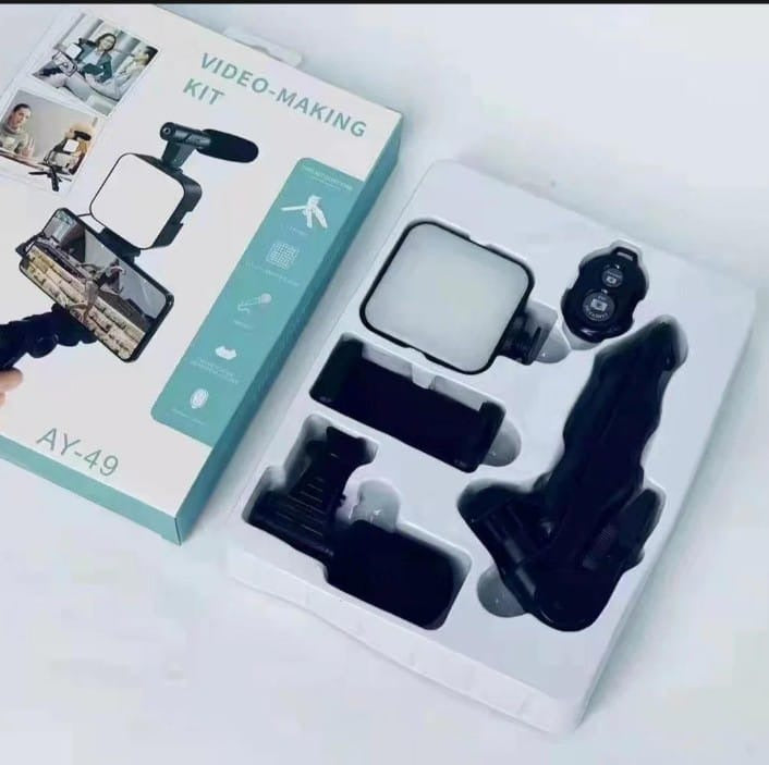 AY-49 Vlogging Kit | Portable Video Recording Setup with LED Light, Shotgun Mic & Flexible Tripod without Remote
