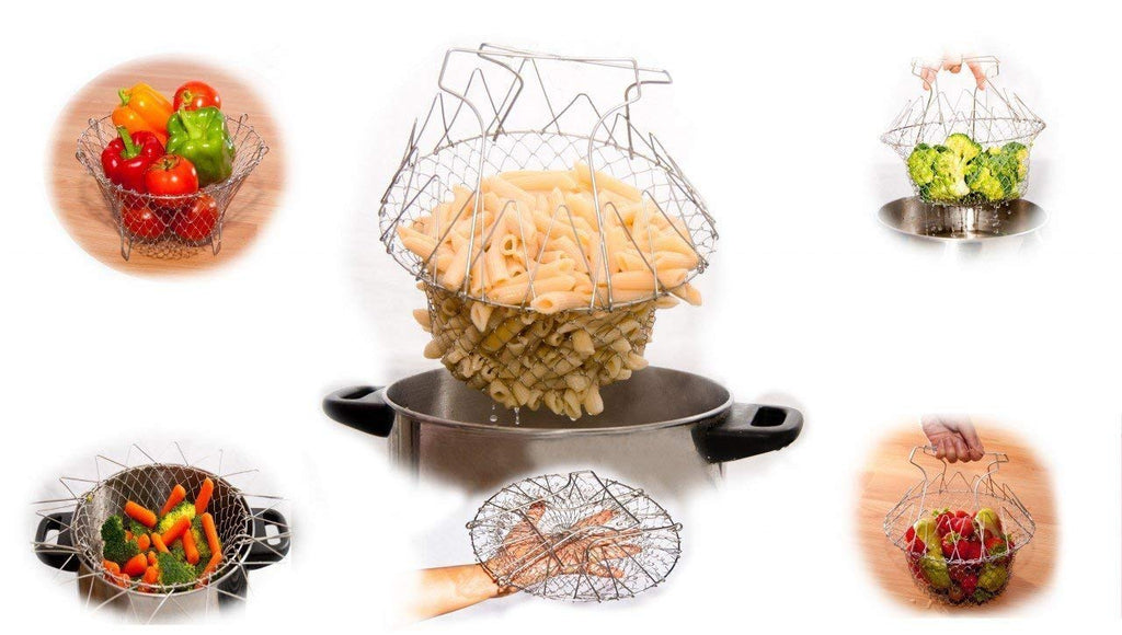 STAINLESS STEEL MULTI-FUNCTIONAL FOLDABLE COOKING Chef Basket Deluxe Kitchen Colander, MESH STEAM RINSE STRAIN FRY BASKET DEEP FRYER